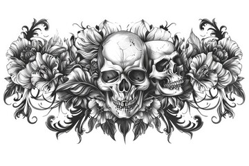 The close up picture of the skull tattoo with black and white colour and blank background, a tattoo is a form of body art where a design is created by inserting ink into the skin dermal layer. AIG51.