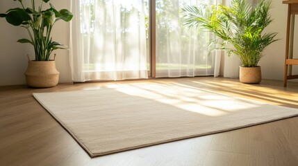 Fototapeta premium Bright room with potted plants neutral rug and natural light interior design