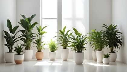A beautiful display of lush green plants in white pots near a bright window.