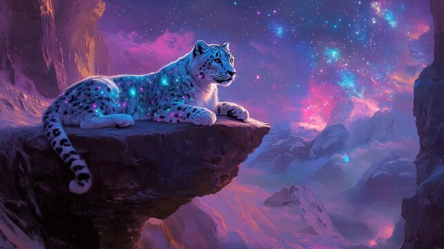 Cosmic Snow Leopard Resting on a Mountain Edge at Night - Powered by Adobe