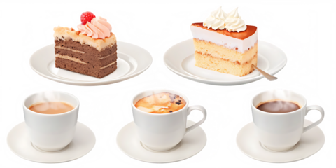 Variety of delicious slice of cake with coffee for breakfast isolated on white background PNG