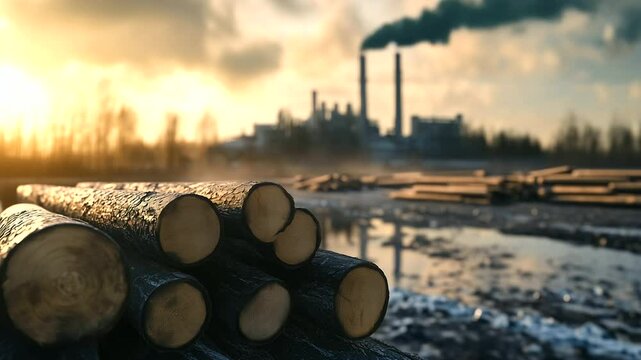 A factory complex in the background, with a smog-filled sky, and freshly cut logs stacked in the foreground, symbolizing the destruction of forests for industrial purposes.