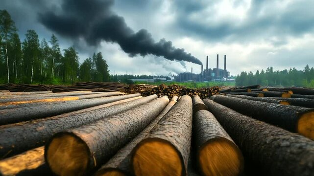 A factory emitting thick smoke sits in the background of a clear-cut forest, with piles of logs in the foreground, highlighting the relationship between industrial expansion and fo