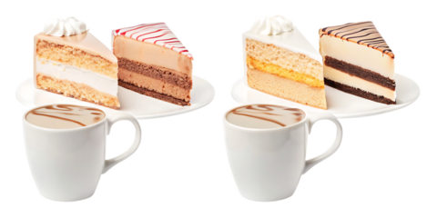 Variety of delicious slice of cake with coffee for breakfast isolated on white background PNG