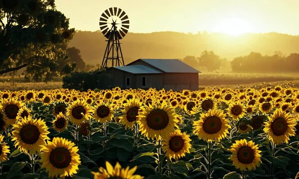A serene sunset over a vibrant sunflower field, with a rustic barn and a windmill in the background, capturing the essence of rural tranquility and agricultural beauty