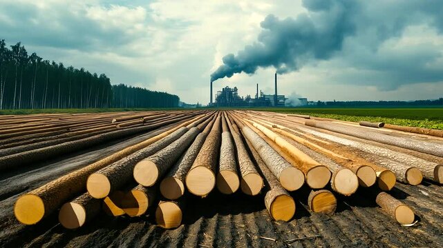 A powerful visual of cut logs arranged in rows, while a factory spews smoke in the distance, symbolizing the harmful industrial footprint on the environment.