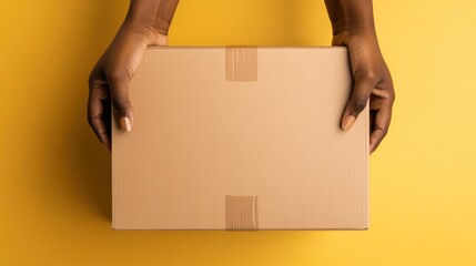 Hands Holding a Cardboard Box Against a Yellow Background