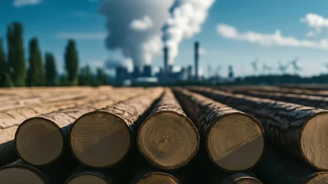 A powerful visual of cut logs arranged in rows, while a factory spews smoke in the distance, symbolizing the harmful industrial footprint on the environment.