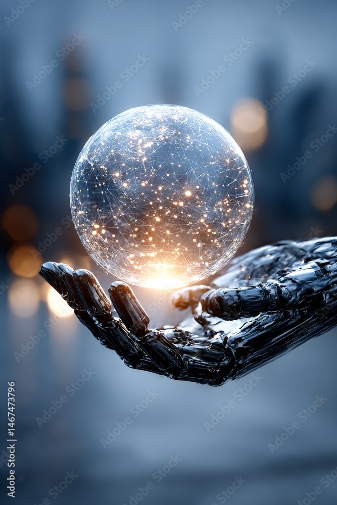 Poster Artificial Intelligence: Robotic Hand Holding a Glowing Network Orb, Symbolizing Future Technology 