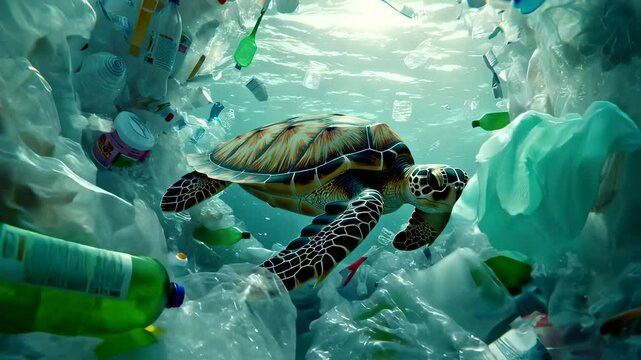 Sea Turtle Swimming Through Plastic-Filled Ocean Vortex with Microplastic Debris

