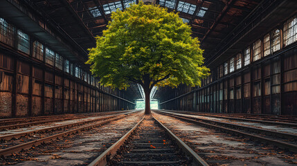 A Lush Tree Thriving Amidst Decaying Industrial Ruins