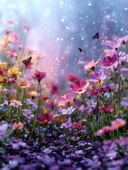 Enchanting Meadow: Butterflies Flutter Among Blooming Cosmos Flowers in a Dreamy, Shimmering Landscape