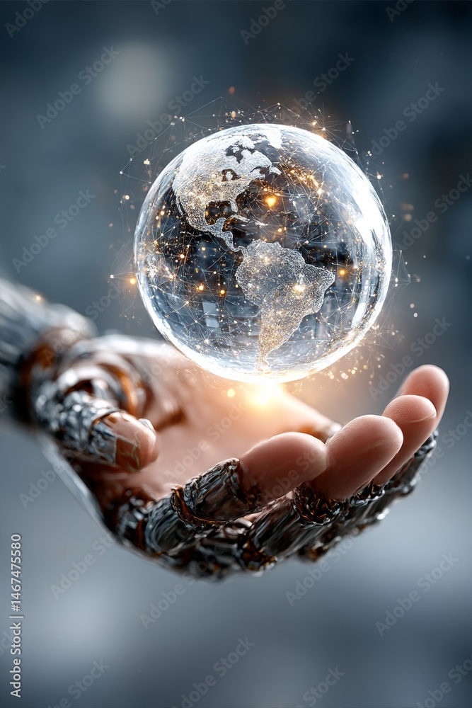 Poster global connectivity: a robotic hand holding a luminous earth representing worldwide networks and tec