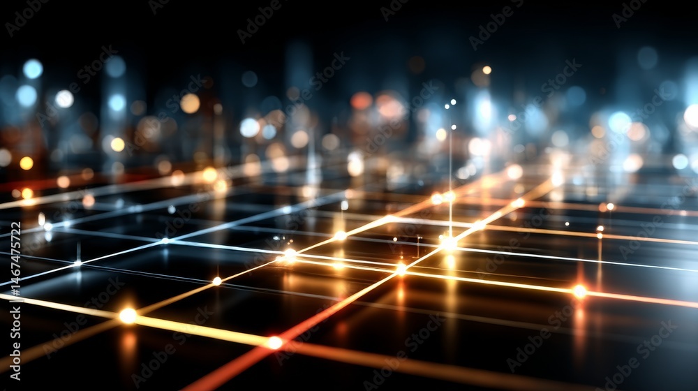 Poster Illuminated Network: Data Flowing Through a Futuristic Grid with Bokeh Cityscape in the Background.