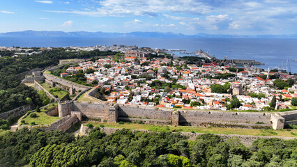 Fototapeta premium Aerial drone photo of iconic medieval fortified old town of Rhodos island an unesco world heritage site, Dodecanese, Greece