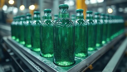 Green bottles on a conveyor belt in a beverage factory