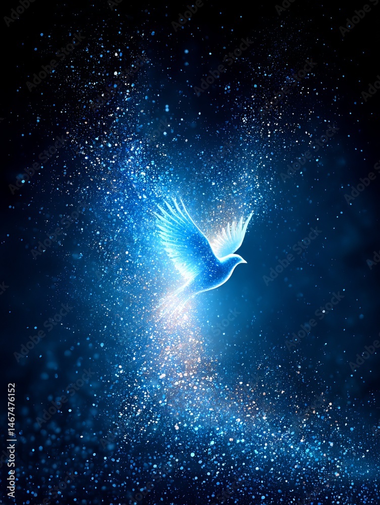 Poster radiant ascent: a blue bird emerges from a galaxy of sparkling light, symbolizing hope and transform