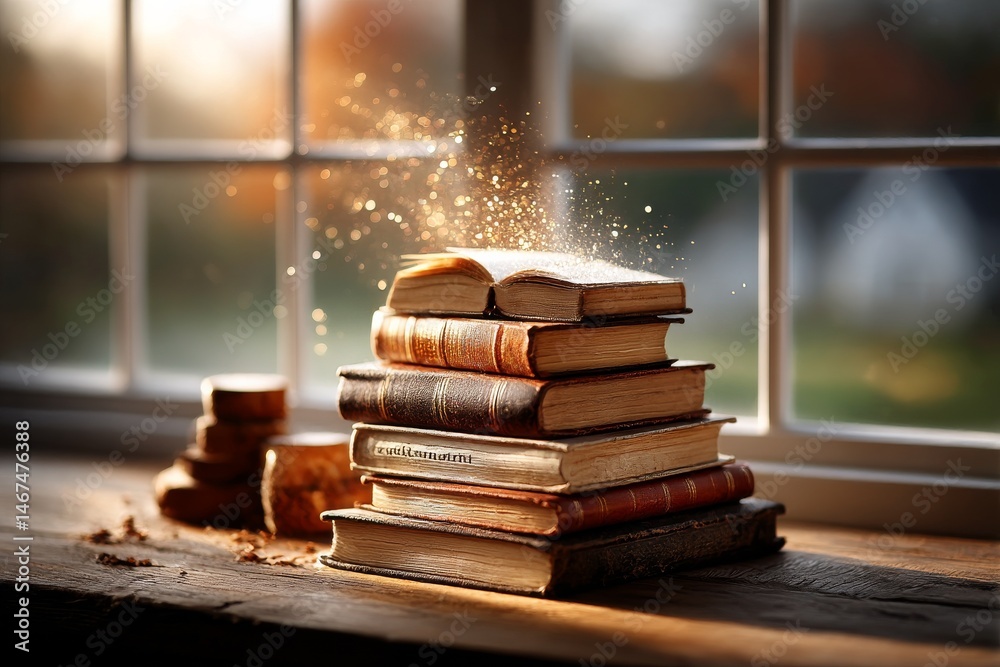 Aufkleber stack of antique books sparkling with magic light by the window on a rustic wooden table