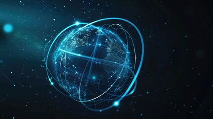 Obraz premium Glowing blue digital globe with connecting lines. Abstract artwork of circle shape with glowing lines and dark background. Global network and technology innovation concept. Global networking. AIG53.