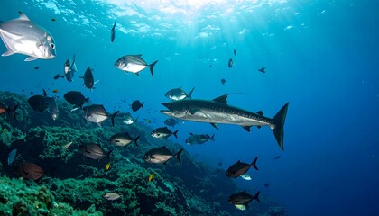 Obraz premium Wahoo and Fish School Above Vibrant Coral Reef