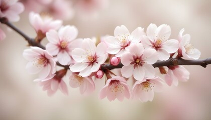 Fototapeta premium A beautiful branch laden with pale pink cherry blossoms in full bloom, a springtime scene.