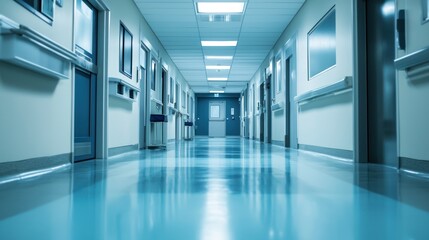Fototapeta premium A hospital hallway with blue lights and a blue floor.