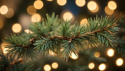 A macro shot of a fresh fir tree branch with blurred bokeh lights for christmas.