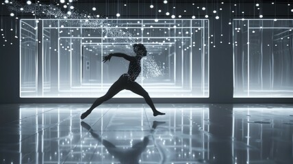 A dancer in a minimalist studio with an AI assistant as a trail of digital particles enhancing the choreography. Soft, diffused lighting creates a serene environment. AIG60