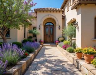 Elegant Mediterranean Home Entrance with Stone Pathway and Colorful Flowers