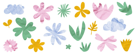 collection of abstract paper-cut style elements, various stylized flowers, leaves, clouds, and grass.  The elements hand-cut,  elements for children's projects, greeting cards, packaging or scrapbooki