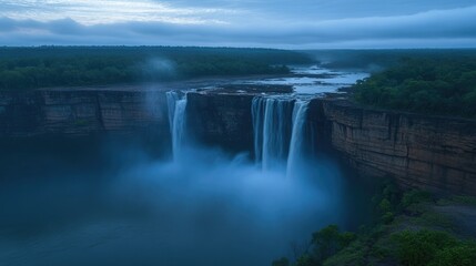 Fototapeta premium Majestic waterfall cascading over cliffs into a misty pool, surrounded by lush rainforest at dawn