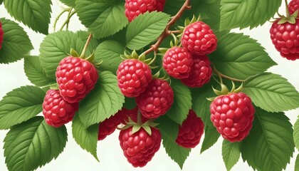 A close-up view shows juicy red raspberries with fresh green leaves on the branches.