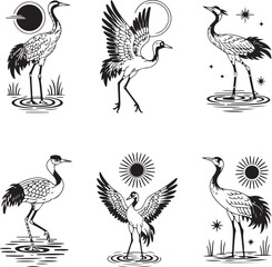 Naklejka premium Heron Silhouette SVG – Elegant Bird Vector for Nature DesignsFlying Heron Clipart – Wildlife SVG for Crafts & PrintsWading Bird Vector – Heron Design for Nature & Bird LoversHeron Standing SVG –