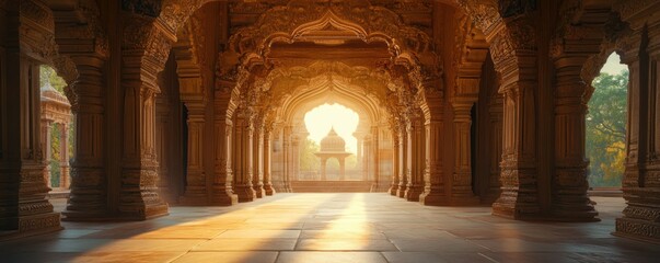 Ancient Temple Hall with Arches and Sunlight