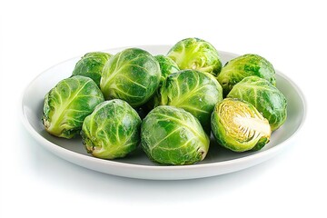 A plate of roasted Brussels sprouts with a crispy golden-brown texture, isolated on a smooth white surface