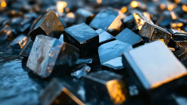 A close-up of glistening rare earth minerals with metallic reflections, symbolizing their immense value in high-tech industries and global trade.
