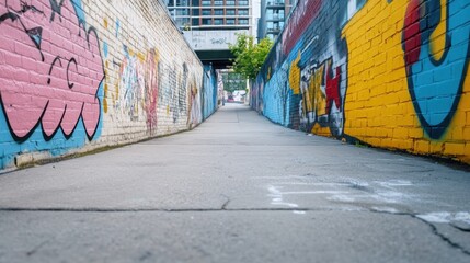 Fototapeta premium Street corner with layers of graffiti tags, bold outlines and spray paint textures, chaotic and creative