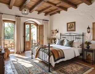 Rustic Mediterranean Bedroom Interior with Iron Bed and Wooden Ceiling