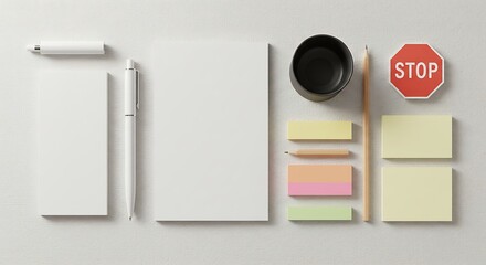 Stationery Mockup with Notepad, Pen and Stop Sign