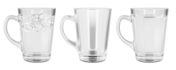Set of glass mugs, glasses. Glass with water. Glass with water and ice cubes. Empty glass. 3d render.
