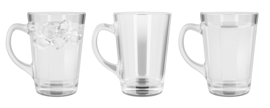 Set of glass mugs, glasses. Glass with water. Glass with water and ice cubes. Empty glass. 3d render.