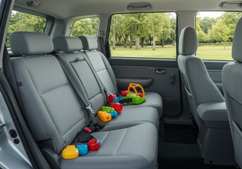 Interior of a family car featuring spacious seating and colorful children's toys scattered on the seat