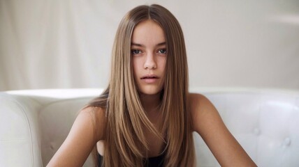 Obraz premium Portrait of girl model with long straight brown hair, choppy ends, natural skin beauty with smooth skin for hair care and products, on white background