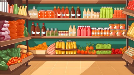 Professional Vertical Vector Background with Fully Stocked Store Shelves for Grocery Displays