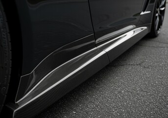 Close-up of a sleek carbon fiber car side skirt on a modern vehicle in an urban setting