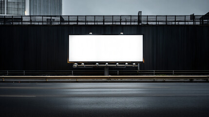 A high-resolution front-facing billboard mockup installed on a black industrial metal wall, with soft lighting and a wet asphalt street in the foreground.