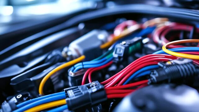 A close-up view of vibrant, multicolored wiring harnesses neatly arranged inside a modern car engine, symbolizing seamless connectivity and power distribution.
