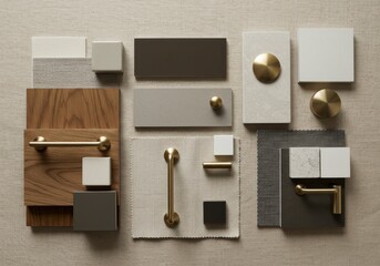 Interior design palette showcasing neutral tones with textures and metallic accents