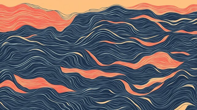 Abstract wave pattern featuring flowing lines in blue, orange, and beige tones