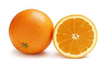 Oranges whole and sliced on white background